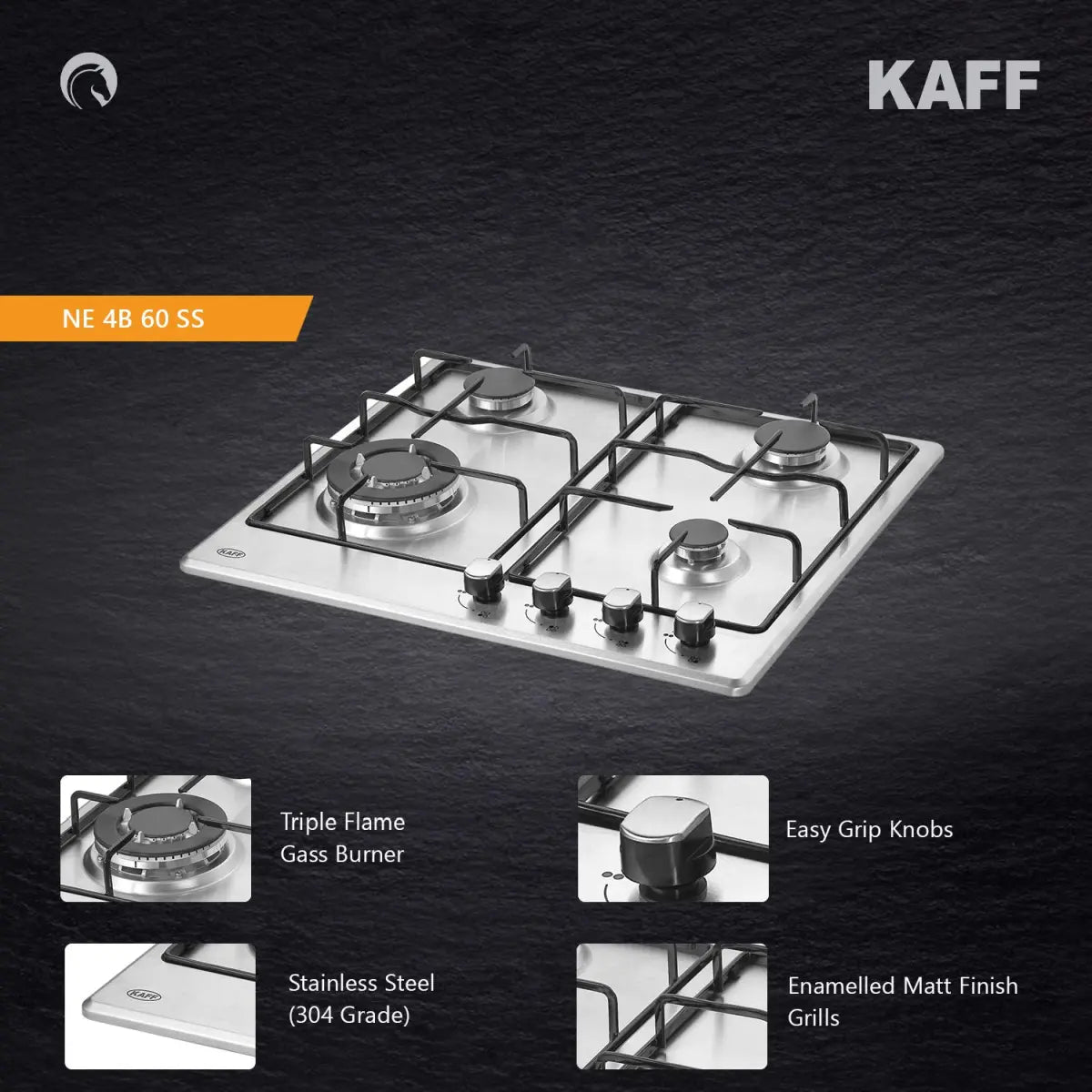 Kaff 4 Burner Stainless steel finish Built In Hob (NE4B 60 SS) auto electric ignition