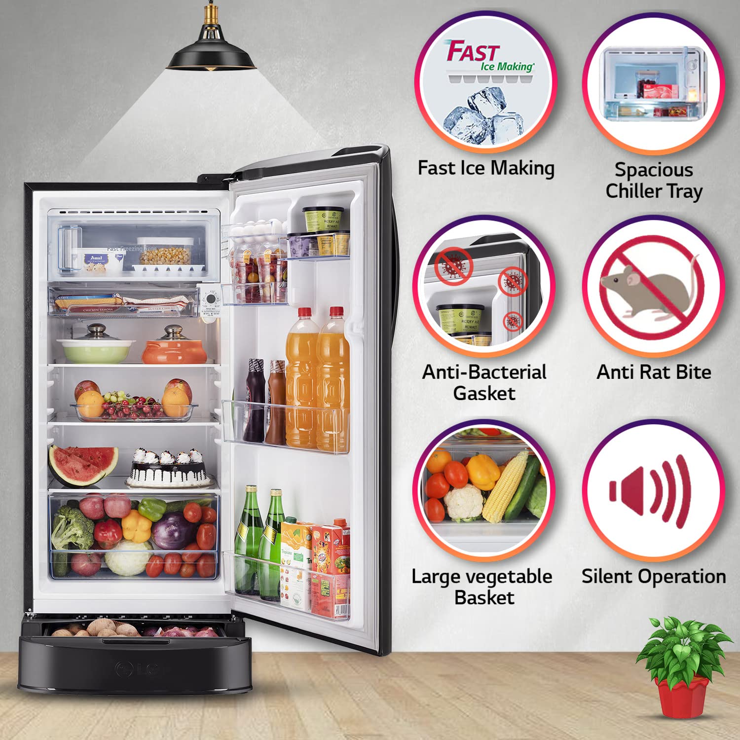 LG 201 L 5 Star Direct-Cool Inverter Single Door Refrigerator (GL-D211HESZ, Ebony Sheen, Base Stand with Drawer & Smart Connect, Gross Volume- 204 Ltr.)