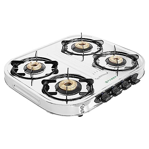 Faber high efficiency 4 Brass Burner gas stove|| Stainless Steel|| ISI Certified gas stove, Manual Ignition, (COOKTOP CRYSTAL 4BB SS) 2 year comprehensive warranty