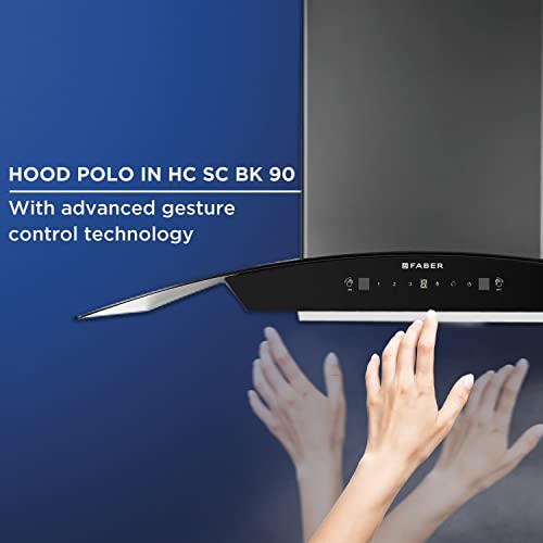 Faber 90cm 1200 m3/hr, Autoclean Chimney || Filterless || 8Yr on Motor, 2Yr Comprehensive Warranty | Italian design - Made in India (HOOD POLO IN HC SC BK 90, Touch & Gesture Control, Black)