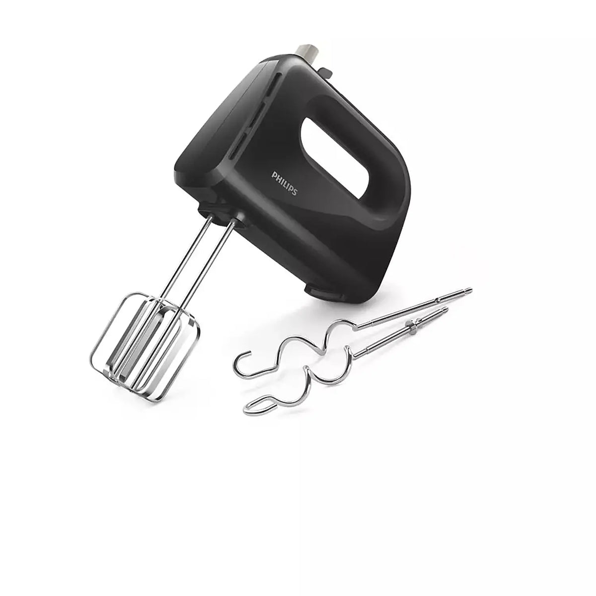 Philips HR3705/10 black hand mixer with strip beaters fitted and a pair of dough hooks beside it