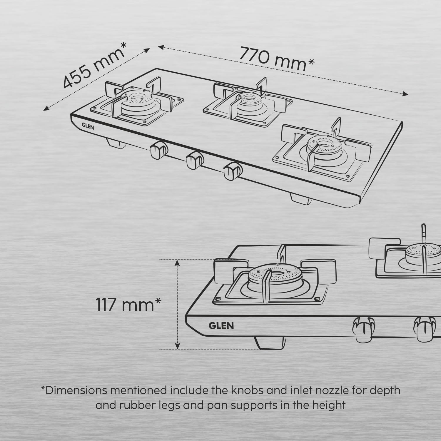 Glen 3 Burner Ultra Tuff Stainless Steel Gas Stove | Silver | Forged Brass Burner With 5 Year Warranty | ISI Certified | Revolving Inlet Nozzle | 2 Year Warranty On Product | 1053 UT SS (3 Bu