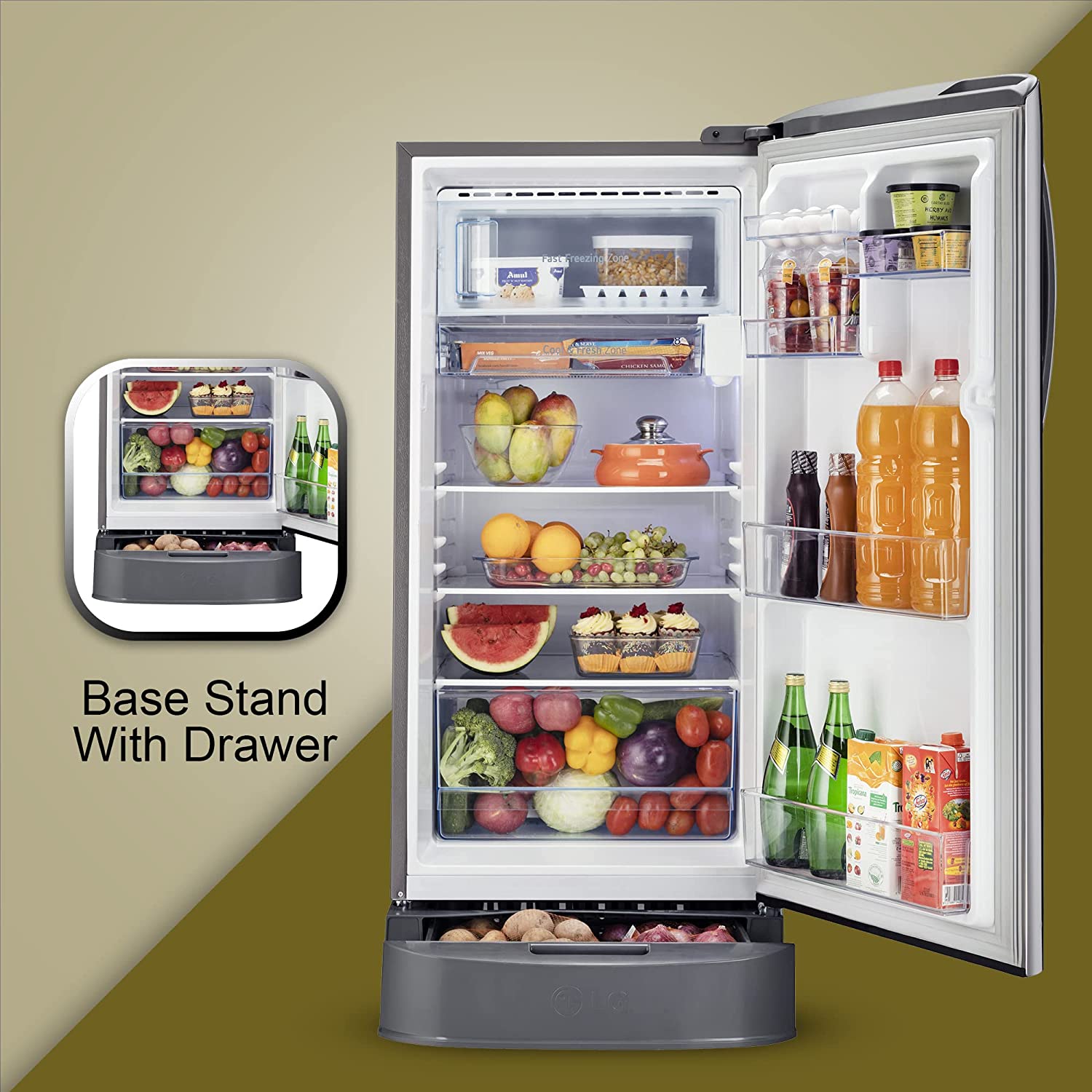 LG 201 L 5 Star Inverter Direct-Cool Single Door Refrigerator (GL-D211CPZU, Shiny Steel, Base stand with drawer)