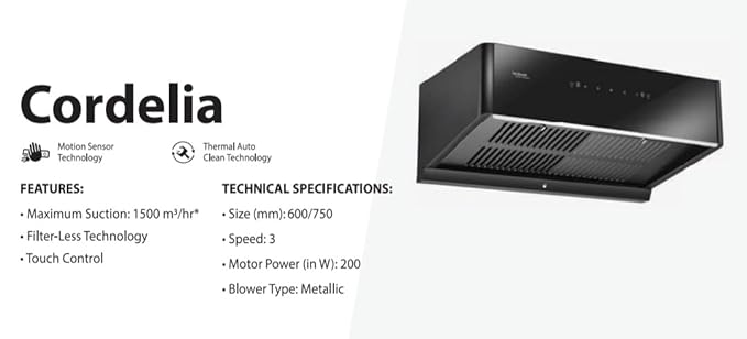 Hindware CORDELIA 60 | High Airflow | Filterless Technology | Thermal Auto Clean Wall Mounted 60cm Chimney (Black 1500 CMH)