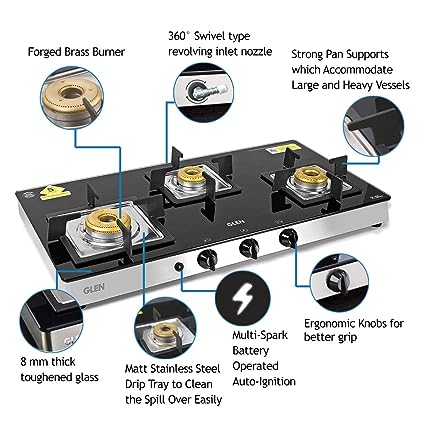 Glen 3 Burner Glass Cooktop 1038 SQ GT Forged Brass Burners
