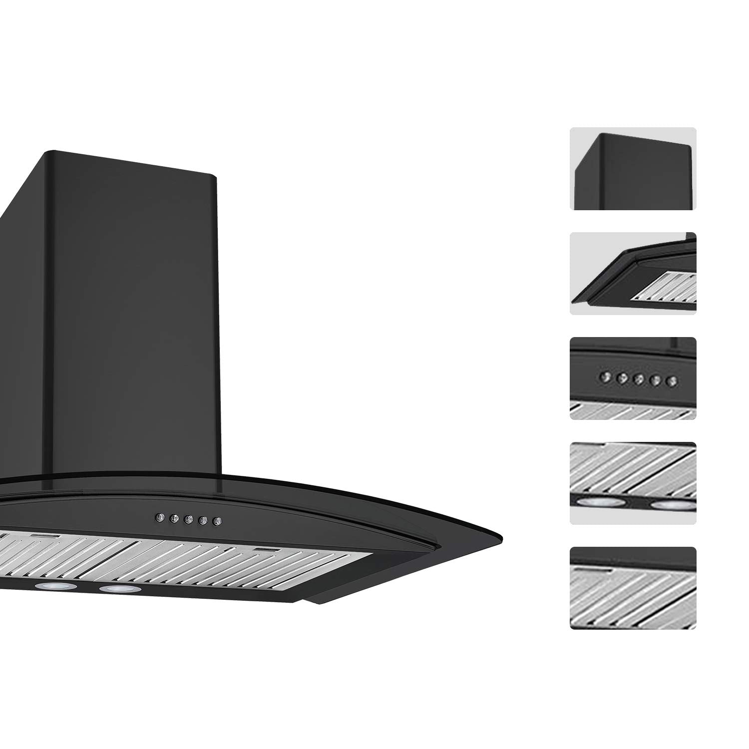 KAFF Flo BF 60 Cm Chimney | Heavy Duty Baffle Filter | Matt Black Rust Free Coating | Black Curved Tempered Glass