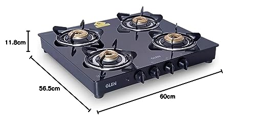 Glen 4 Burner LPG 6mm Thick Toughened Glass Top Gas Stove|Brass Burner|ISI Certified|Auto Ignition|Black|Drip Trays|Revolving Inlet Nozzle|2 Year Warranty On Product|CT4B55BLBBAI