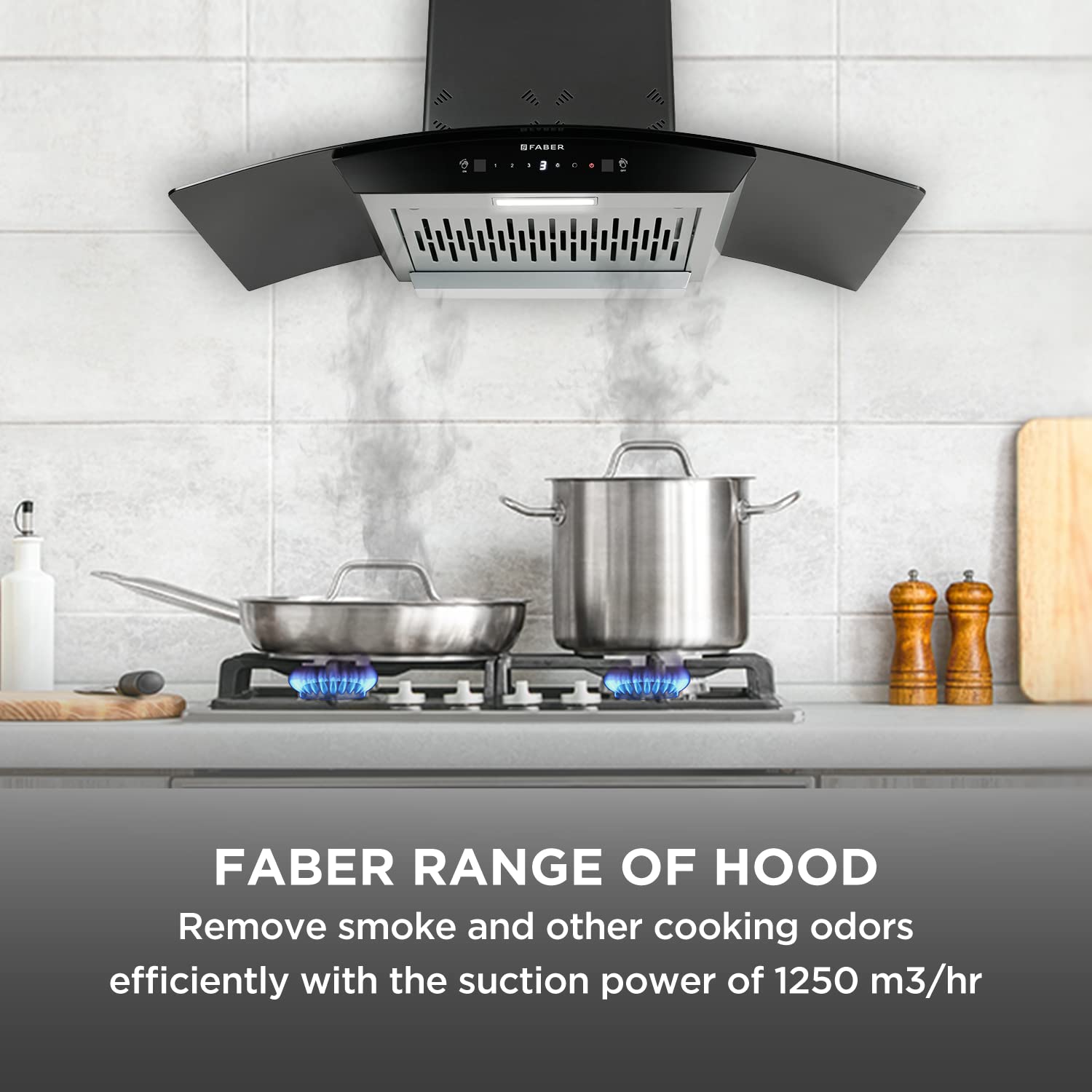 Faber90cm 6 way Silent Suction,1250m3/hr, Autoclean Chimney, 12Yr Warranty on Motor(2Yr Comprehensive) Autoclean Alarm(HOOD EVEREST 3D IN HC SC FL LG 90, Filterless, Touch&Gesture Control, Li