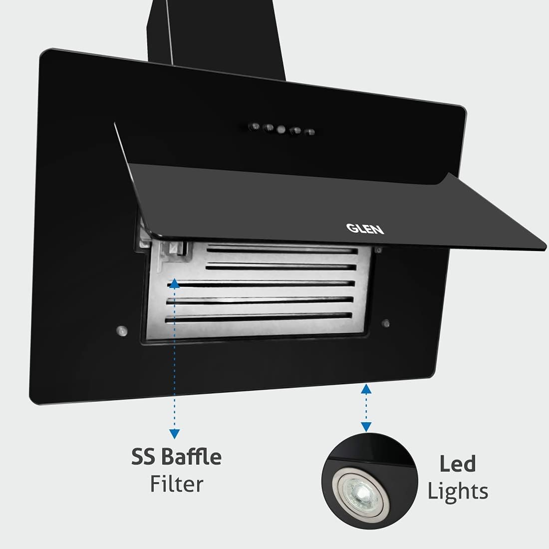 Glen Designer Ductless Black Glass Glass Chimney 60cm 6079 Push Button
