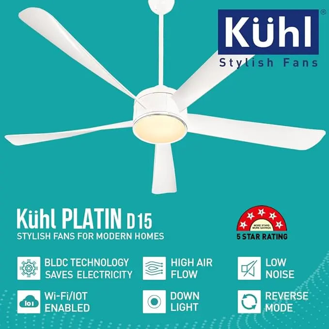 KUHL Platin D15 Stylish BLDC Fan | Low Power 30W | High Air Flow | 5 Aerodynamic ABS Blades Down Light | 1200 mm sweep | Operate on Remote-Mobile-Alexa | Reverse Mode |5 Star Rated|White