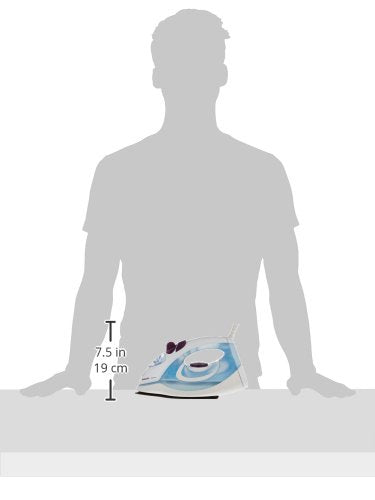 Philips GC1905/21 blue steam iron shown small beside a human silhouette with a 7.5 in / 19 cm height marker