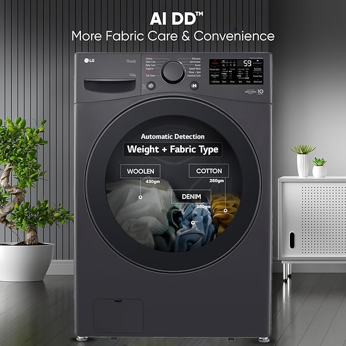 LG 15 Kg, AI Direct Drive Technology, Wi-Fi, Steam Fully Automatic Front-Loading Washing Machine (FHT1415ZTM, Intelligent & Convenient Fabric Care, Allergy Care, Remote Control, Middle Black)
