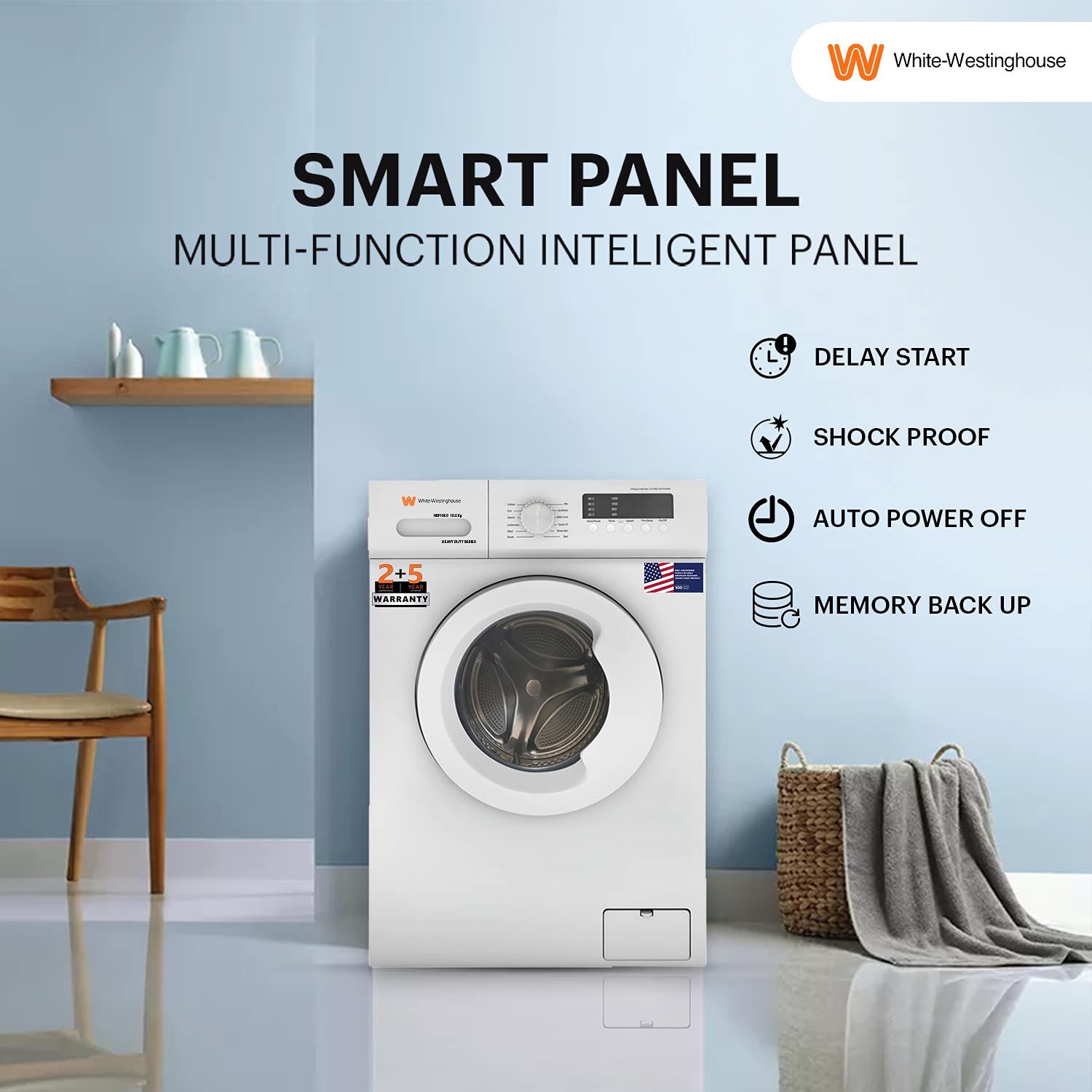 White Westinghouse 10.5kg Ultra Smart dry Fully Automatic Front Load with In-Built Heater Washing Machine, Large (HDF1050/ WHITE/In Built Heater)