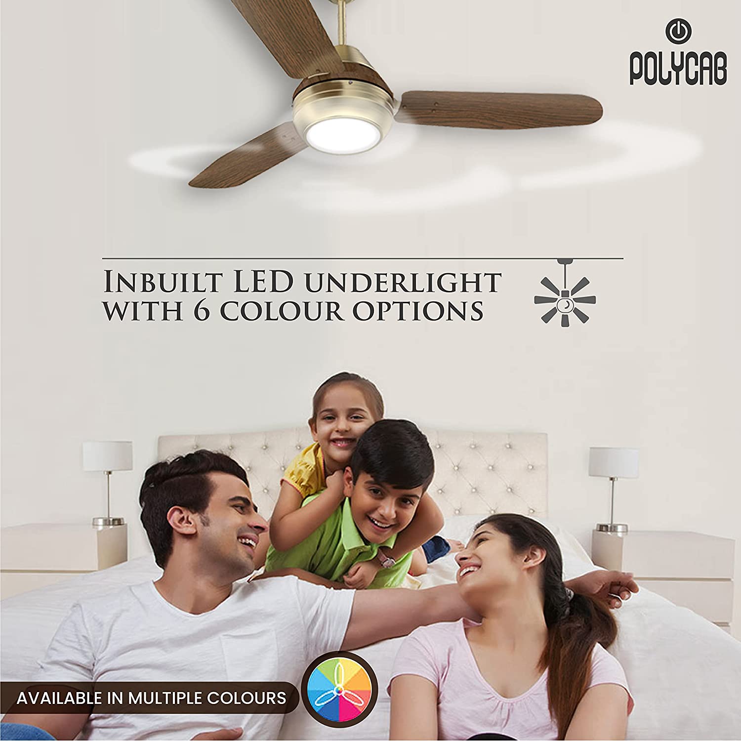 Polycab Superia SP01 Super Premium 1200 mm Underlight Designer Ceiling Fan With Remote, Built-in 6 Colour LED Light and 2 years warranty (Antique Brass Darkwood)