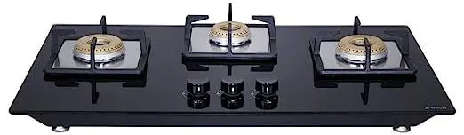 Elica Hob 3 Italian Burner Auto Ignition Glass Top - 2 Big Brass and 1 Medium Brass Lotus Burner Gas Stove (Flexi HCT 375 DX Lotus Brass)