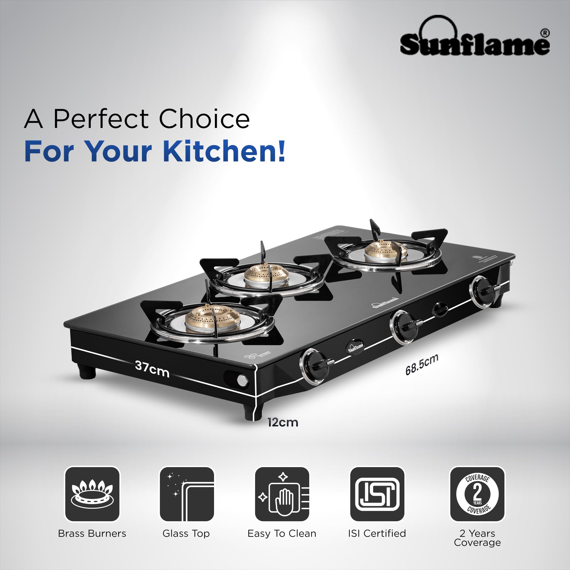 Sunflame Diamond 3 Burner Gas Stove | 1 Medium and 2 Small Brass Burners | 2-Years Product Coverage by Sunflame | Heat Resistant Ergonomic Knobs | Easy to Maintain l Toughened Glass Top