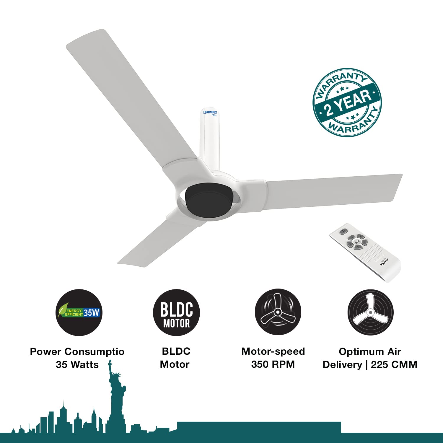 Luminous New York Tiffany 3 Blade Ceiling Fan With Remote Control and BLDC Motor, 1200mm- Alice White