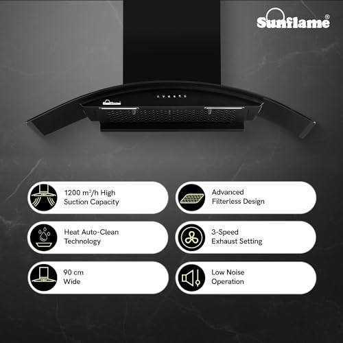 Sunflame Lamia 90 FL HAC Filterless Auto-Clean Kitchen Chimney | 90 cm | 1200 m³/h High Suction | Push Button Control | 1-Year Comprehensive & 5-Year Motor Coverage