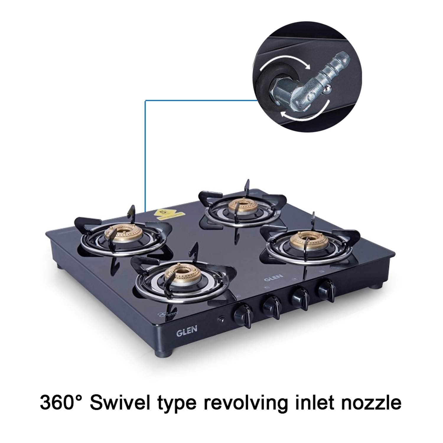 Glen 4 Burner LPG 6mm Thick Toughened Glass Top Gas Stove|Brass Burner|ISI Certified|Auto Ignition|Black|Drip Trays|Revolving Inlet Nozzle|2 Year Warranty On Product|CT4B55BLBBAI