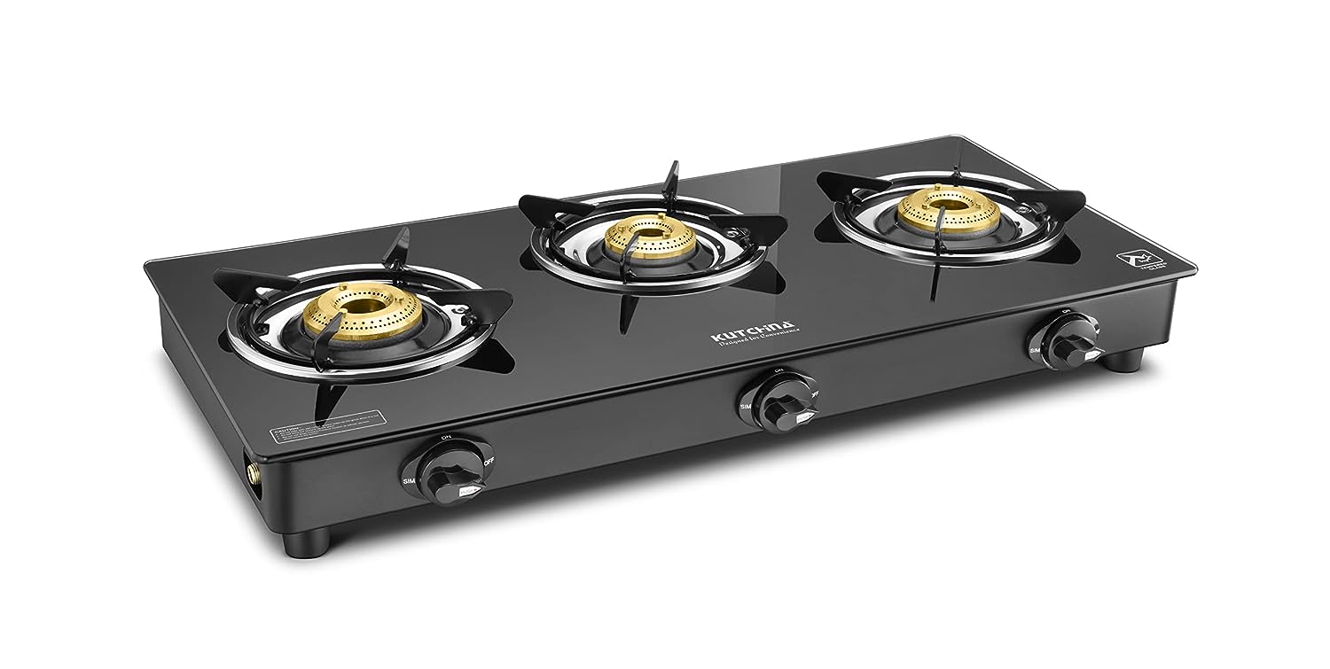 Kutchina - Pluto 3B glass top 3 burner gas stove Cooktop Manual Ignition Black