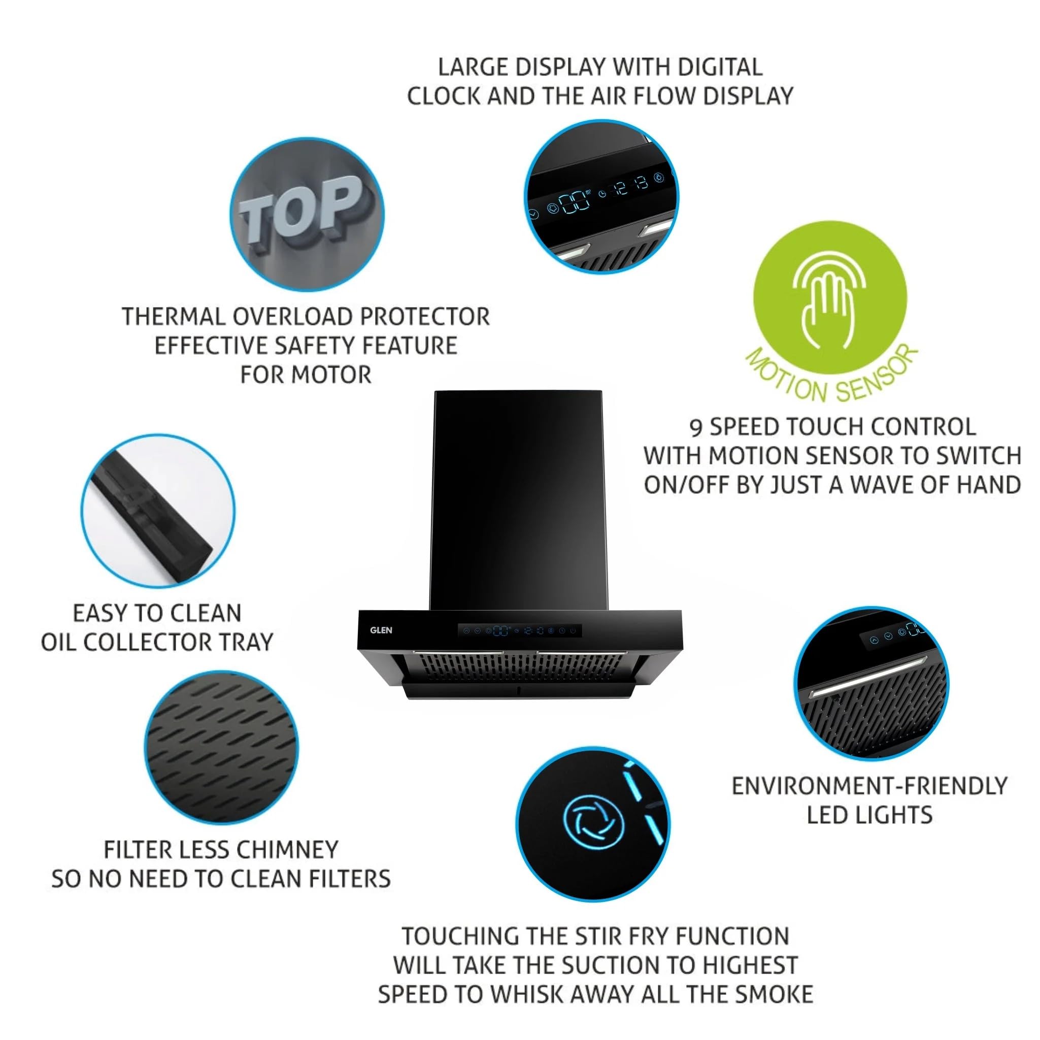 Glen Auto Clean Filterless Chimney with 1 Year on product & 12 Year on motor, Inverter Technology, BLDC Motor 1400 m3/h - Black (6053 BL BLDC AC) (90cm)
