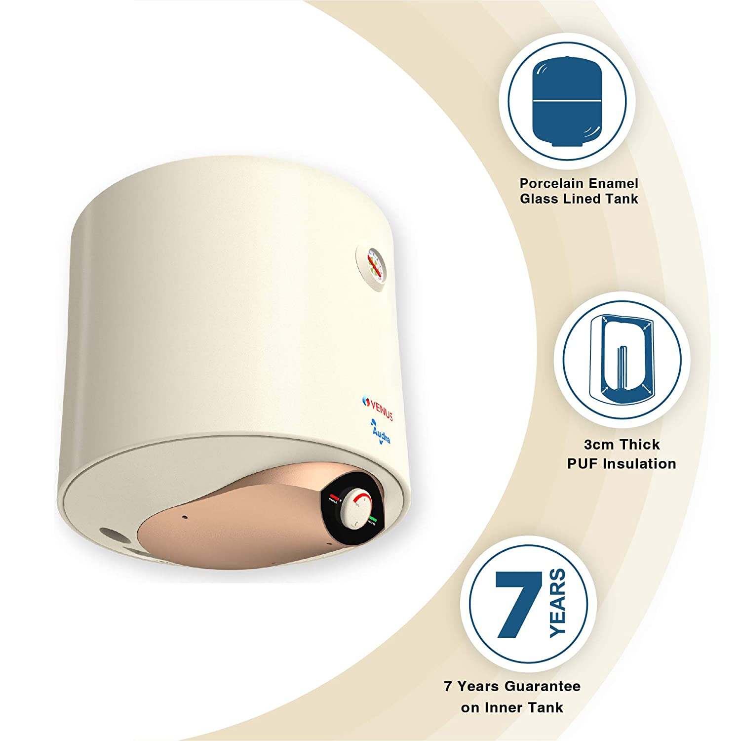 VENUS Audra 06AV 06-Litre 3000W (Ivory) Water Heater, Porcelain Enamelled Glass Lined Tank, BEE Star Rating - 5 Stars, ISI, Free Flexible Hose
