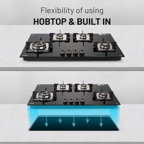 Glen 4 Burner Built In Glass Hob | Auto Ignition | 8 MM Toughened Glass | Black |Forged brass burners with double-ring flames | Warranty 2 Years Standard & 5 Years Glass |1094 XL SQ HT DB TR