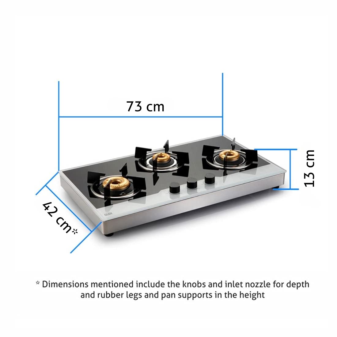 Glen 1073 FB BW AI FFD 3 Forged Brass Burner Glass Gas Hob Free Standing (Flame Failure Device)