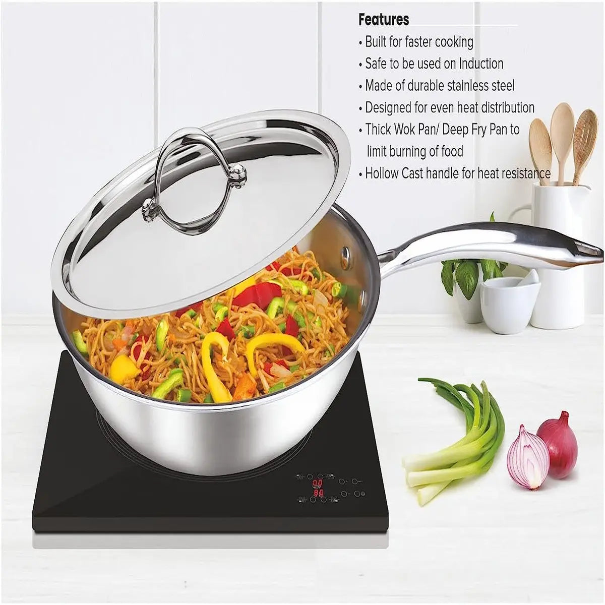SignoraWare Artista Tri-Ply Stainless Steel Induction Compatible Triply WOKPAN / DEEP FRYPAN with Stainless Steel Lid (Induction and Gas Compatible), 22cm, Capacity 2200 ml,Set of 1, Silver