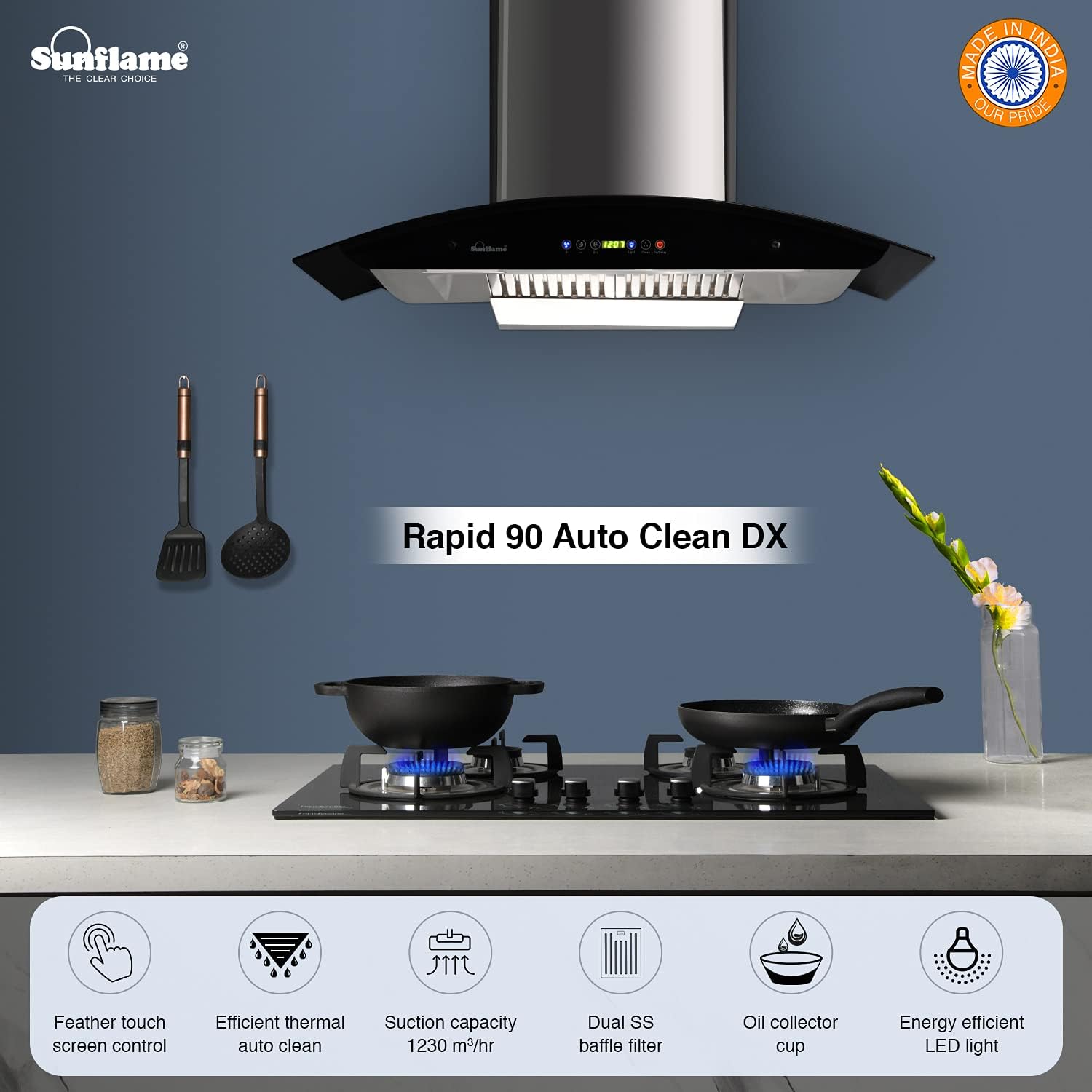 SUNFLAME 90cm 1100 m3/hr Auto Clean Chimney (CH Rapid 90 DX, 2 Baffle, Touch Control, Steel/Grey)