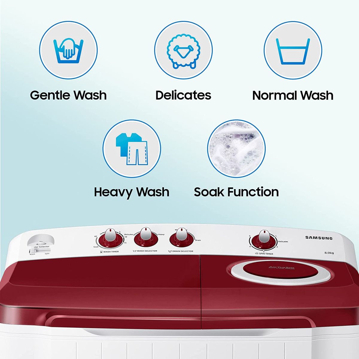 Samsung 8.0 Kg Semi-Automatic 5 Star Top Loading Washing Machine (WT80R4000RG/TL, Light Grey, Wine Red Lid (Opaque), Hexa Storm Pulsator)