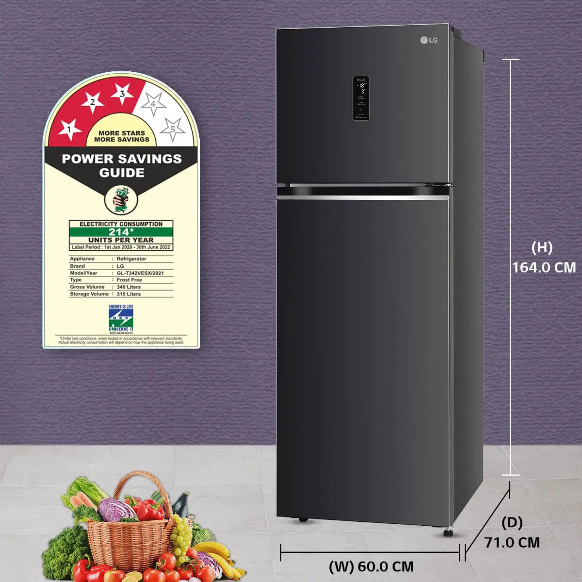LG 340 L 3 Star Frost-Free Smart Inverter Wi-Fi Double Door Refrigerator (GL-T342VESX, Ebony Sheen, Convertible & Door Cooling+, 2022 Model)