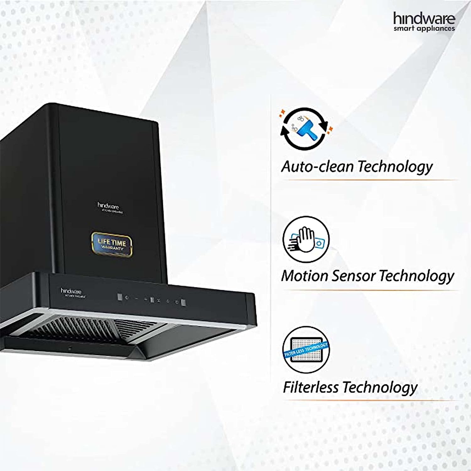 Hindware Optimus 60 cm 1400 m³/hr Filterless Auto-Clean Wall Mounted Kitchen Chimney with Motion Sensors, Touch Control, MaxX Silence Technolog