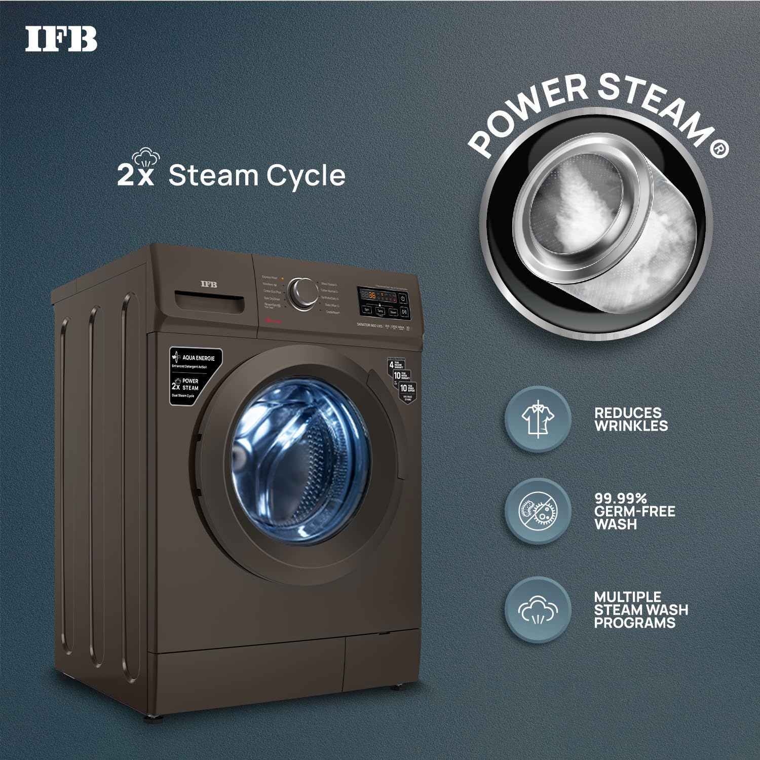 IFB 8 Kg 5 Star AI Powered Fully Automatic Front Load Washing Machine, 2X Power Steam (SENATOR NEO MXS 8012, 2023 Model, Mocha, In-built Heater, 4 years Comprehensive Warranty)