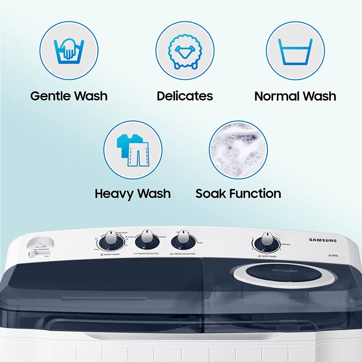 Samsung 8.0 Kg Semi-Automatic 5 Star Top Loading Washing Machine (WT80R4200LG/TL, Light Grey, Royal Blue Lid (Transparent), Hexa Storm Pulsator)
