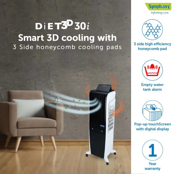 Symphony Diet 3D 30i Air Cooler with pop up touchscreen and 3 side honeycomb cooling pads With Remote