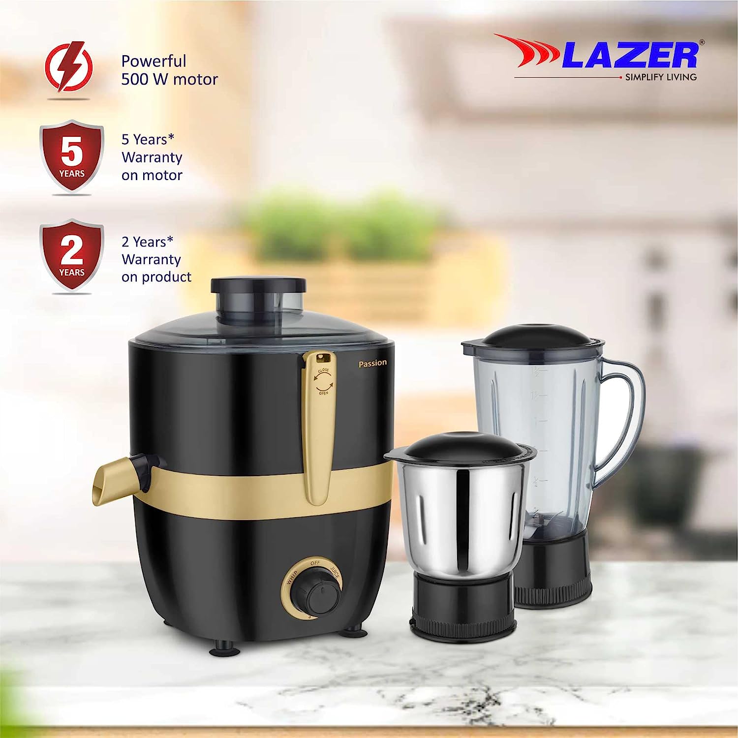 Lazer Passion 2 jars 500W Juicer Mixer Grinder (Black Gold)