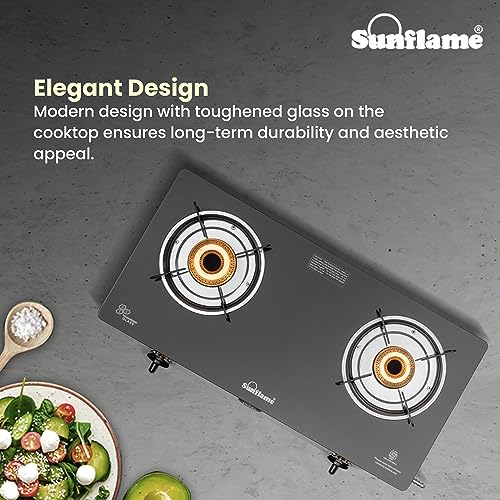Sunflame Pride 2 Burner Gas Stove | 1 Medium and 1 Small Brass Burners | 2-Year Product Coverage by Sunflame | Ergonomic Knobs | Easy to Maintain l Toughened Glass Top | PAN India Presence