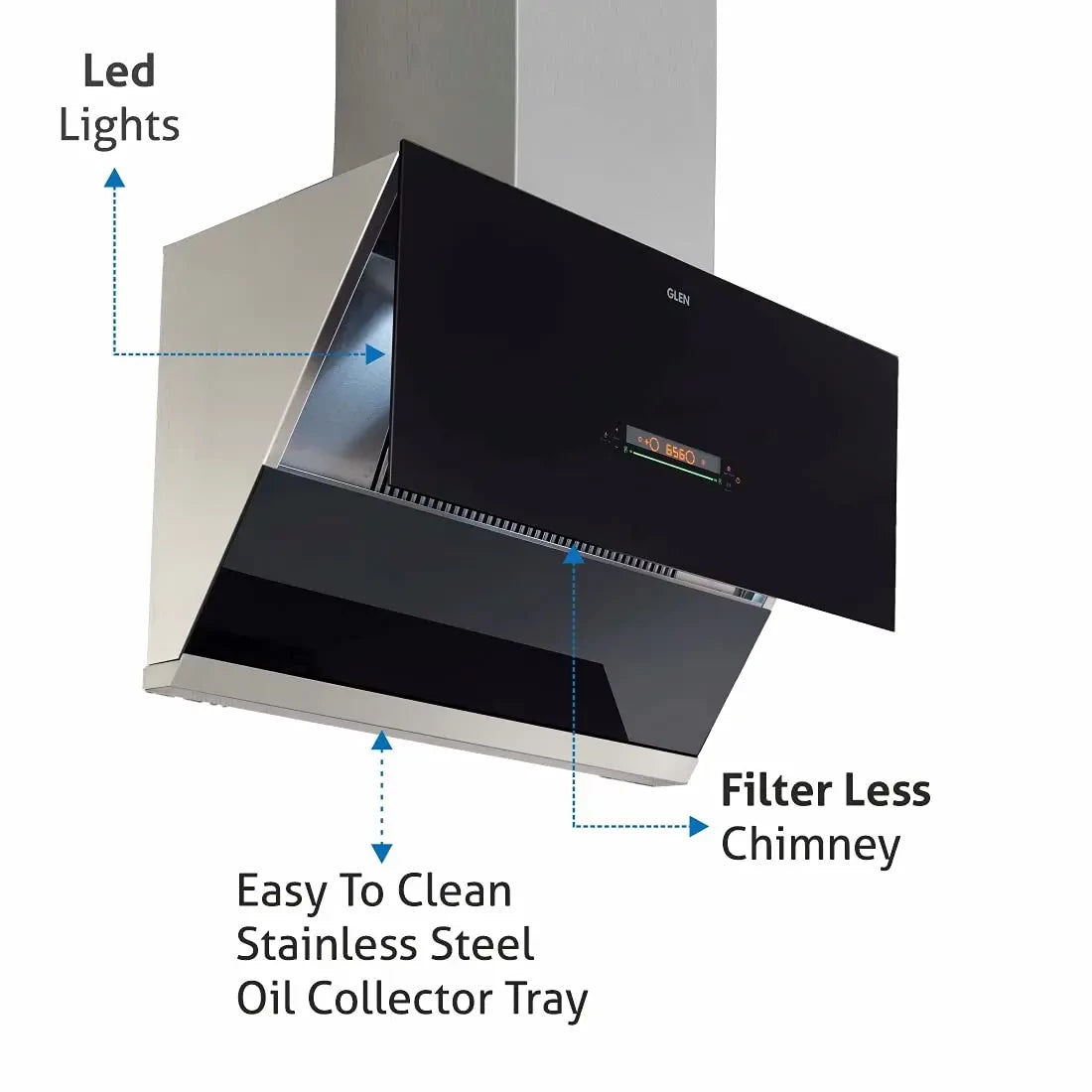 Glen 1400 m/h Auto Clean Vertical Glass Kitchen Chimney (6074,Filter Less,Touch Control with MS, Black) - 90 cm