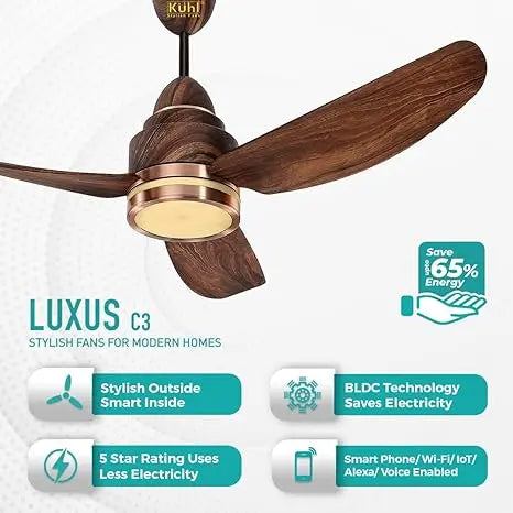 KUHL Stylish Fan Luxus C3 Teakwood| 5 Star Rated| BLDC Technology| Low Power 38W| High Air Flow|Low Noise|3 Aerodynamic ABS Blades| Night & Down Light| Operate on Remote - Mobile - Alexa| Reverse Mode