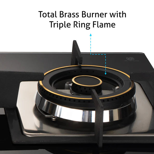 Glen 3 Burner Glass Hob Top with Triple Ring Burner Double Ring Forged Brass Burners Auto Ignition (1063 SQ HT DB TR)