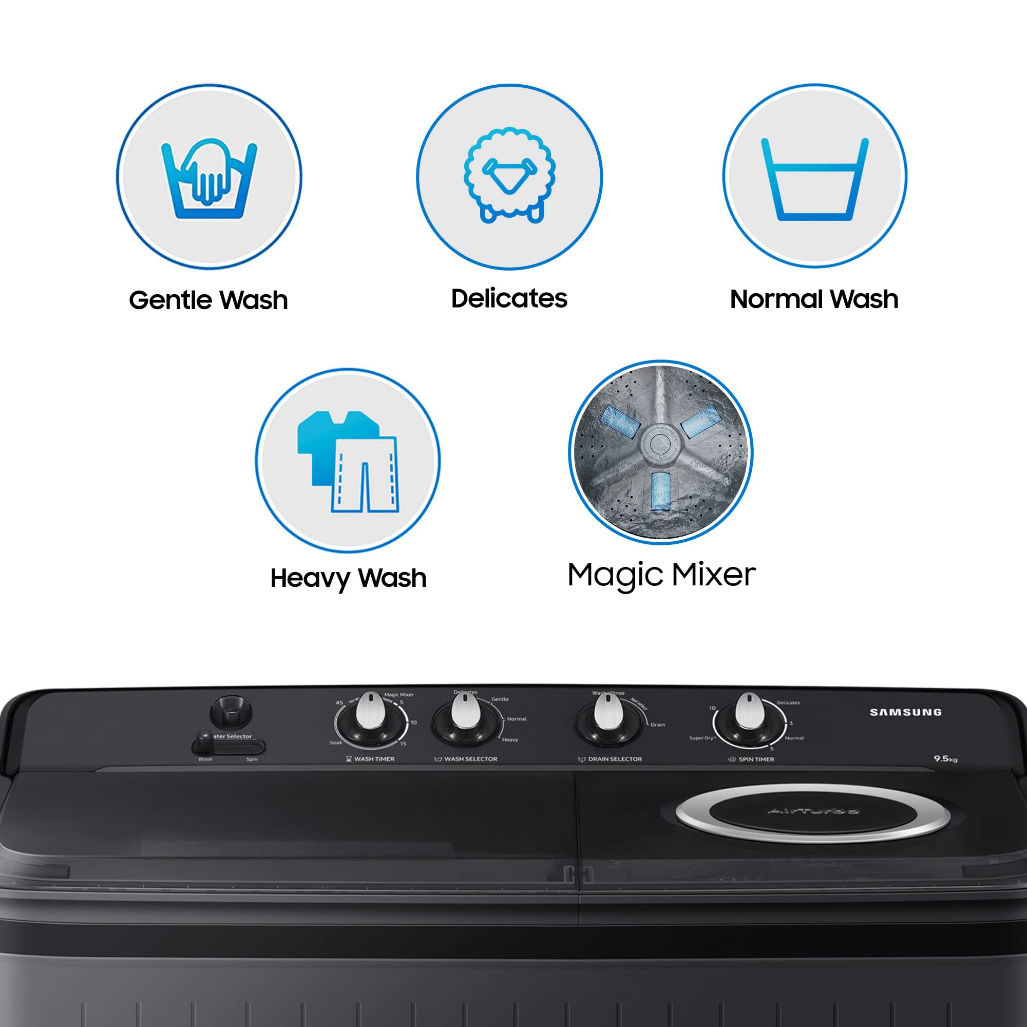 Samsung 9.5 kg, 5 Star, Hexa Storm Pulsator, Semi-Automatic Top Load Washing Machine (WT95A4260GD/TL, Air Turbo Drying, Dark Gray)