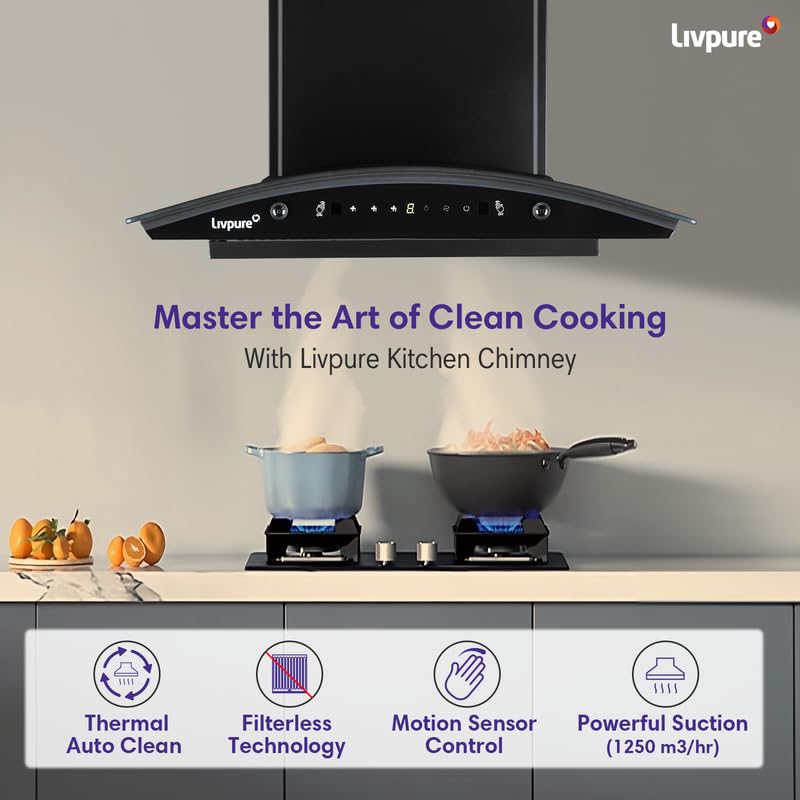 Livpure Astor 60 1250 m3/hr Curved Glass || Filterless Auto-Clean Kitchen Chimney || 10 Year Warranty On Motor (2 Year Comprehensive), (Touch And Gesture Control, Black)
