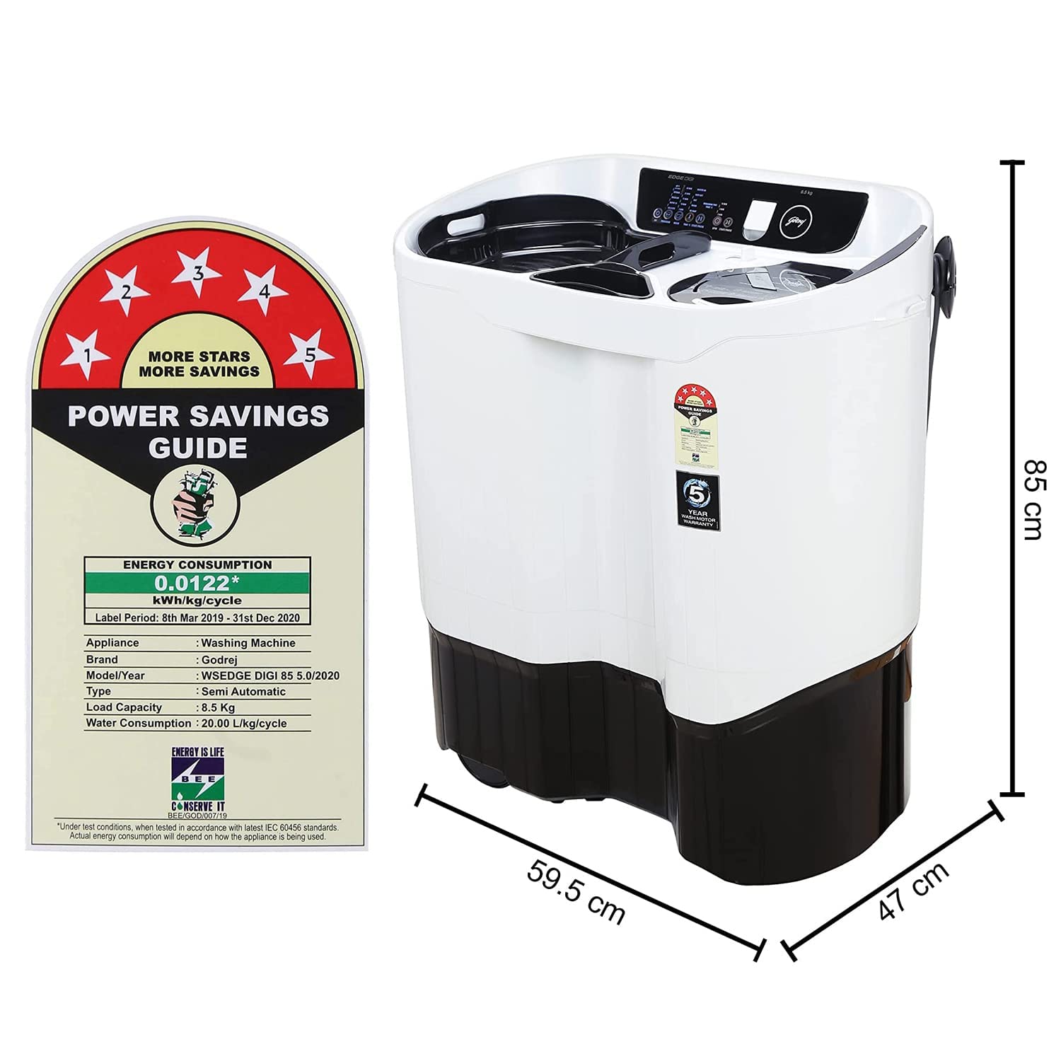 Godrej 8.5 Kg 5 Star With 60-degree Hot Wash Semi-Automatic Top Load, LED Digital Display Washing Machine (WSEDGE DIGI 85 5.0 PB2 M GPGR, Graphite Grey)