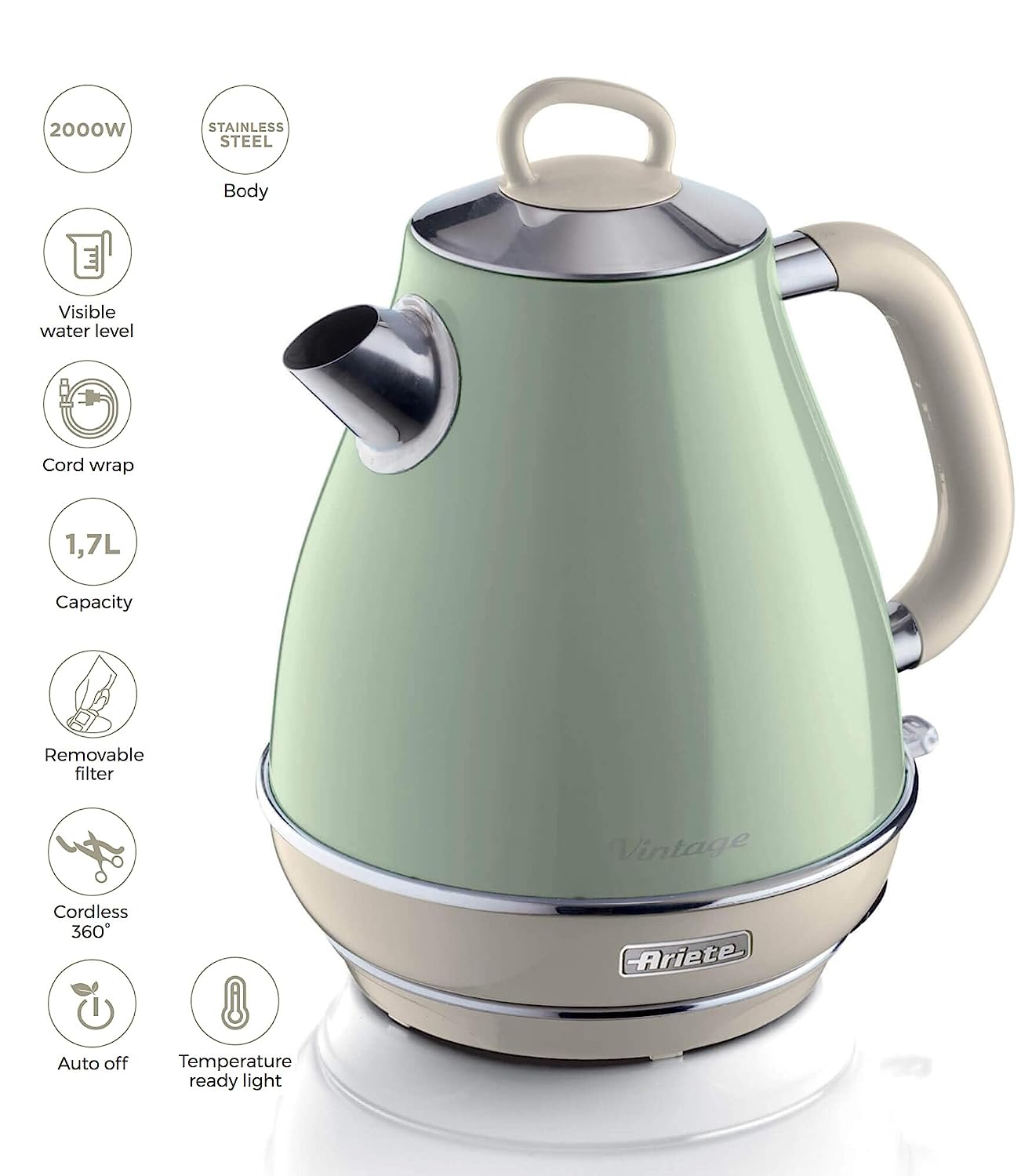 Ariete 2869 Vintage Electric Kettle, Stainless Steel, 1.7 L, Auto Switch Off, 2000 W, for Water, Tea and Herbal Teas, Pastel Green