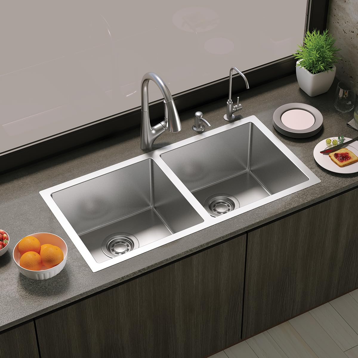 Kohler Strive™ Kitchen Sink with Lifetime Warranty|1.2 mm Thick Stainless Steel Double Equal Bowl with SilentShield™|10" Deep, Round Corners for Easy Cleaning | 45x20x10 inches, Brushed Matte Steel