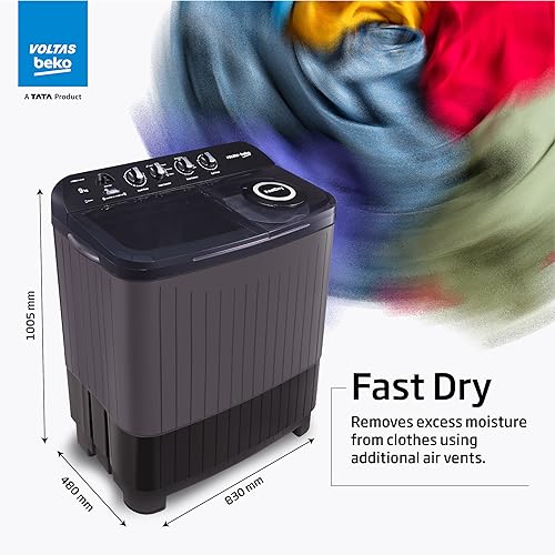 Voltas beko, A Tata Product 9 kg 5 Star Semi-Automatic Twin Tub Top Load Washing Machine, (WTT90UDX/BKGR4KPTD, Black, 2023 Model, Special Pulsator wash Method)