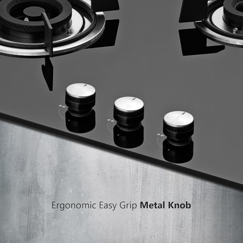 KAFF HBR 783 Built-in Hob/Hobtop 3 Burners, Auto Electric Ignition Glass Top, 78 CM, Powerful Brass Burners, 8 MM Thick Toughened Glass, Enamelled Matt Grills (Black)