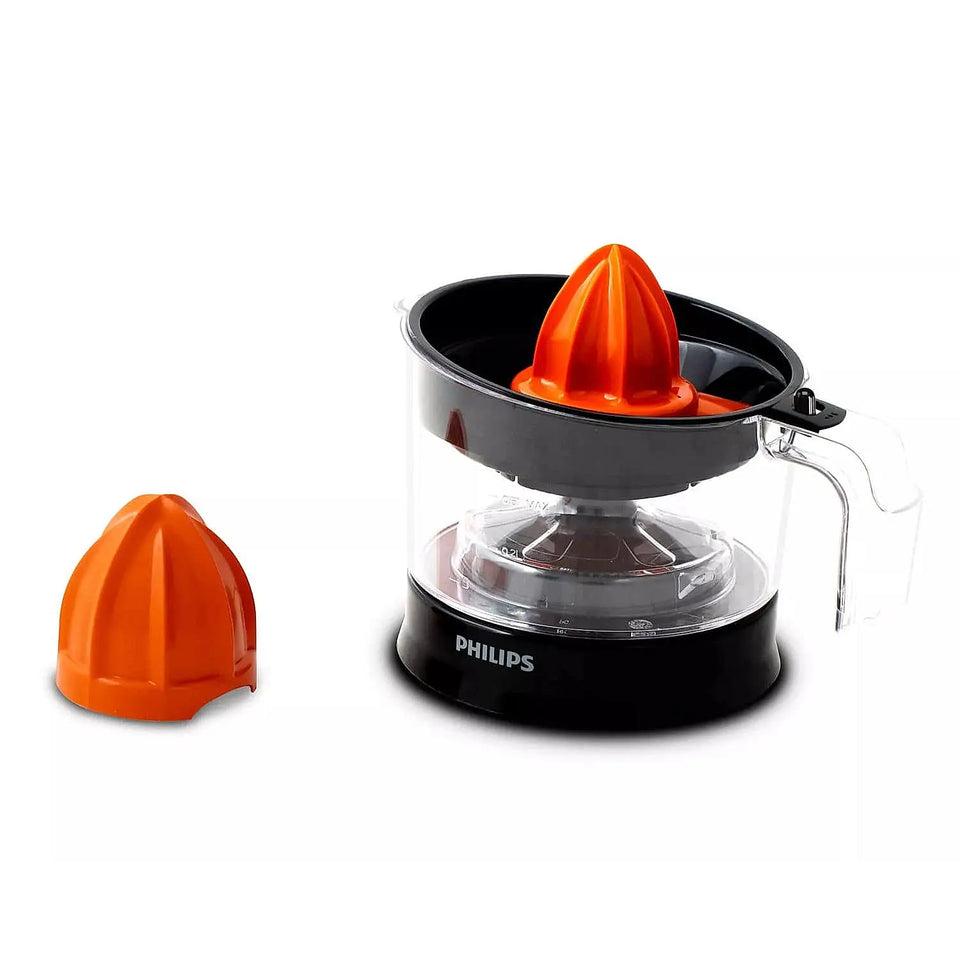Philips HR2788/00 citrus press juicer with its orange cone cover placed beside the jar