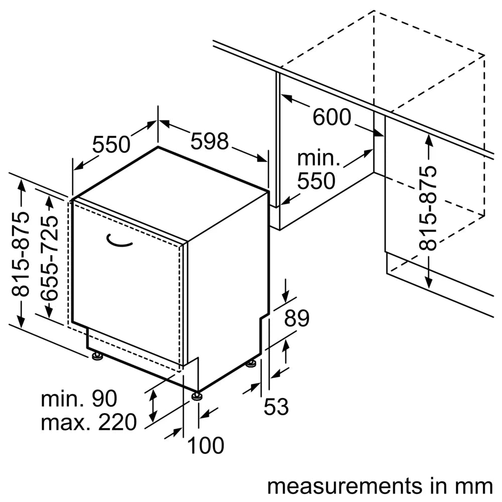 Technical drawing of a kitchen cabinet with dimensions labeled